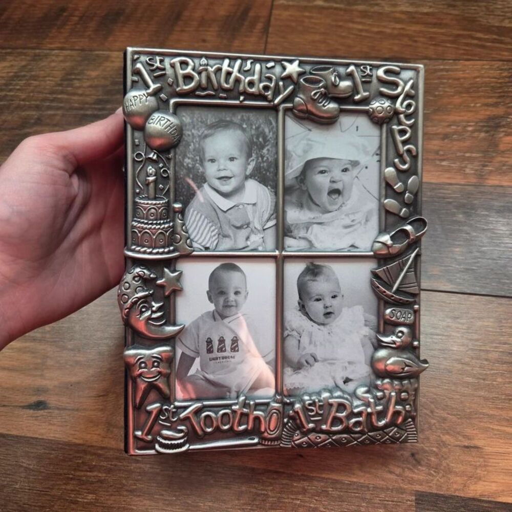 Vtg 90s 1st Birthday Pewter Photo Album Kids Baby Cute Gift Nursery Moon & Stars